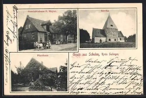 AK Scholen /Kreis Sulingen, Geschäftshaus F. Meyer, Pfarrhaus, Kirche