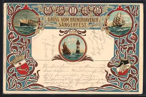 Lithographie Bremerhaven, Sängerfest, Rotesand Leuchtturm, Dampfer Kaiser Wilhelm d. Grosse, Wappen