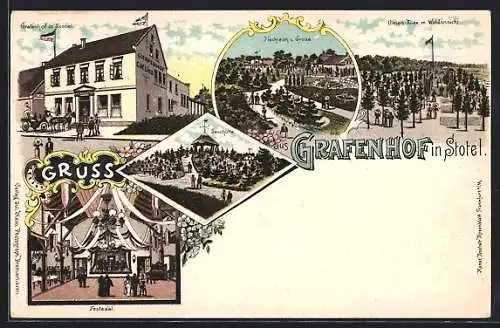 AK Stotel, Gasthaus Grafenhof v. C.W.Lies mit Festsaal, Sennhütte, Fischteich u. Krone, Ulmen-Allee m. Waldansicht