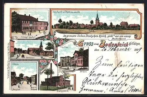 Lithographie Bodenteich /Kr. Uelzen, Fr. Langes Gasthof, Stärkefabrik, Molkerei