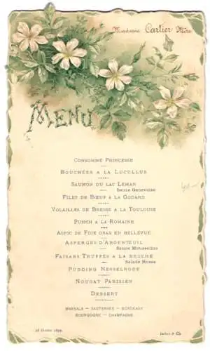 Menükarte Madame Cartier Mere, 1899, Menüreihenfolge, Entwurf von Imbert & Cie., geprägte Blumen und Rand