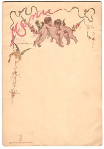 Menükarte Blanko, drei kleine nackte Engel mit Papagei, Entwurf von Louis Lavalley