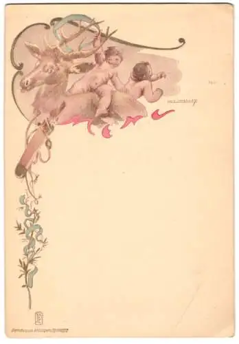 Menükarte zwei Kinder reiten auf einem Hirsch, Bogen und Köcher, Entwurf von Louis Lavalley