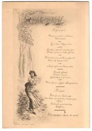 Menükarte La Cigale et la Fourmi, junge Frau fröstelt alleine im Walde, 1902