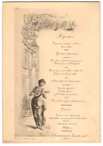 Menükarte La Cigale et la Fourmi, junge Frau spielt die Mandoline, 1902