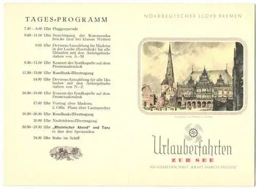 Menükarte Urlauberfahrten Dampfer Der Deutsche 1936, NS-Gemeinschaft Kraft durch Freude KdF, 