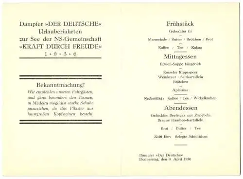 Menükarte Urlauberfahrten Dampfer Der Deutsche 1936, NS-Gemeinschaft Kraft durch Freude KdF, 