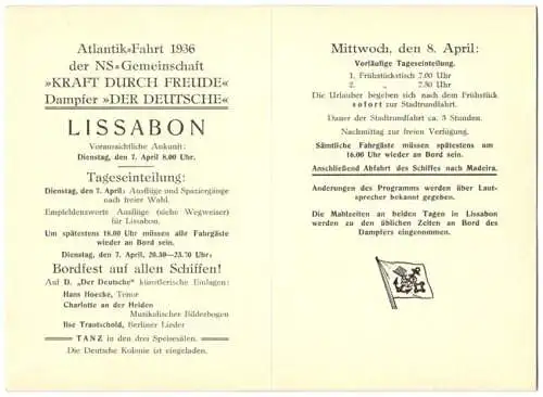 Menükarte Atlantikfahrt 1936, NS-Gemeinschaft Kraft durch Freude KdF, Dampfer Der Deutsche, Lissabon, 