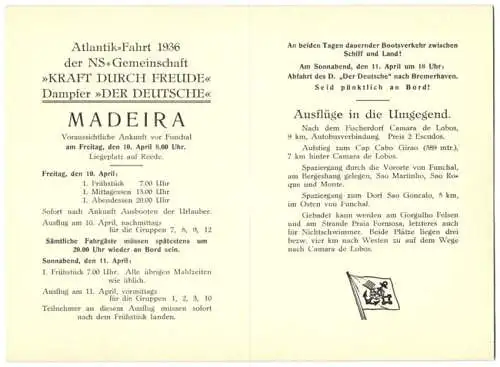 Menükarte Atlantik-Fahrt 1936, NS-Gemeinschaft Kraft durch Freude KdF, Dampfer Der Deutsche, Madeira, 