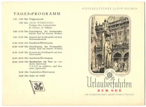 Menükarte Urlauberfahrten 1936, Dampfer Der Deutsche, NS-Gemeinschaft Kraft durch Freude KdF, 