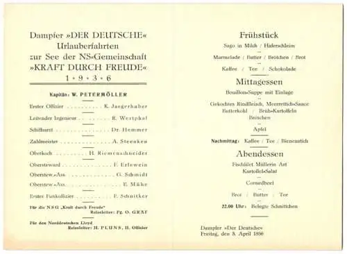 Menükarte Urlauberfahrten 1936, Dampfer Der Deutsche, NS-Gemeinschaft Kraft durch Freude KdF, 