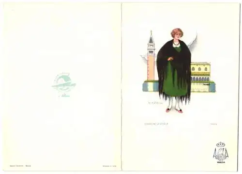 Menükarte Adriatica Venezia 1938, piroscafo Palestian, Frau in Tracht aus Venezia / Venedig