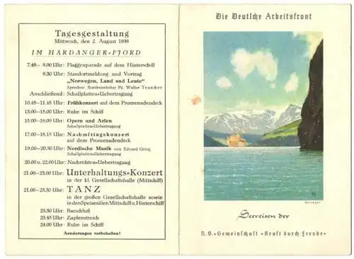 Menükarte Norwegenreise der NS-Gemeinschaft Kraft durch Freude KdF, 1939, Dampfer Sierra Cordoba, DAF