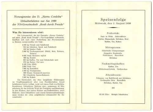 Menükarte Norwegenreise der NS-Gemeinschaft Kraft durch Freude KdF, 1939, Dampfer Sierra Cordoba, DAF