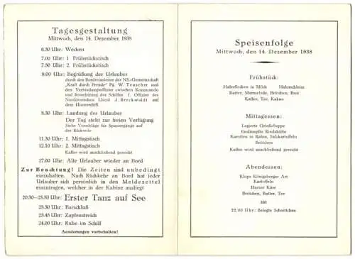 Menükarte Seereisen der NS-Gemeinschaft Kraft durch Freude KdF, 1938, nach Genua, Rückseite Text zu Genua