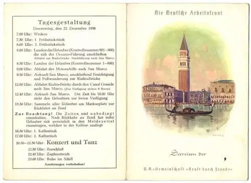 Menükarte Italienreise 1938, Dampfer Sierra Cordoba, NS-Gemeinschaft Kraft durch Freude KdF, Venedig