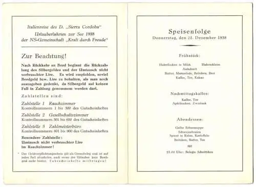 Menükarte Italienreise 1938, Dampfer Sierra Cordoba, NS-Gemeinschaft Kraft durch Freude KdF, Venedig