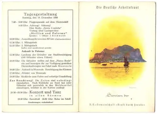 Menükarte Italienreise 1938, NS-Gemeinschaft Kraft durch Freude KdF, Palermo, , DAF