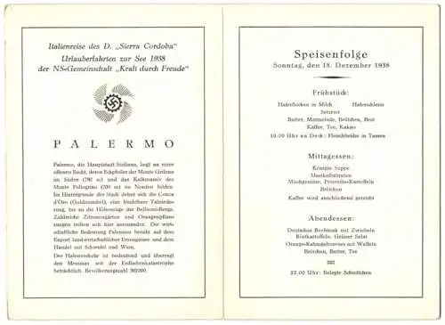 Menükarte Italienreise 1938, NS-Gemeinschaft Kraft durch Freude KdF, Palermo, , DAF