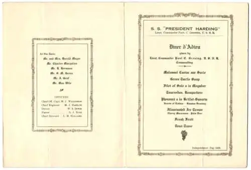 Menükarte S.S. President Harding 1923, United States Lines