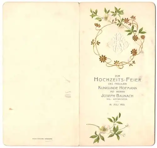 Menükarte Hochzeitsfeier Frl. Kunigunde Hofmann & kgl. Amtsrichter Joseph Braunach, 1901, geprägtes Monogramm KJ