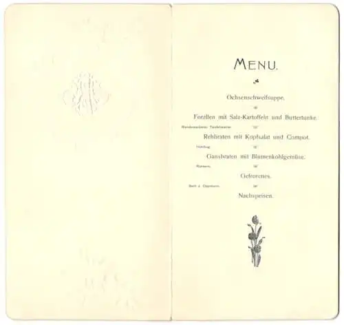 Menükarte Hochzeitsfeier Frl. Kunigunde Hofmann & kgl. Amtsrichter Joseph Braunach, 1901, geprägtes Monogramm KJ