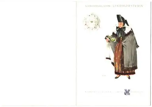 Menükarte T. S. Bremen 1966, Norddeutcher Lloyd Bremen, Deckblatt Lindhorsterin in Tracht Schaumburg-Lippe
