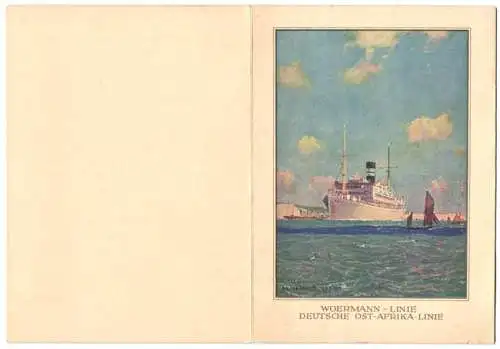 Menükarte P. D. Wahehe 1934, Woermann-Linie, Deutsche Ost-Afrika-Linie, Deckblatt Dampfer vor der englischen Küste