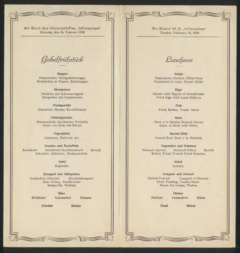 Menükarte M.S. Milwaukee 1936, Gabelfrühstück / Luncheon, Deckblatt Prachtgaleere der Dogen, Entwurf Hans Bohrdt