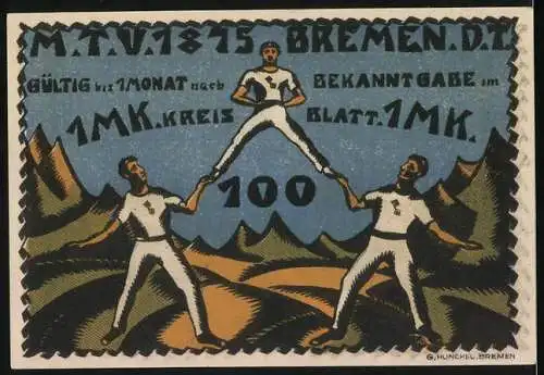 Notgeld Bremen, 1 Mark, Fussballspieler und Turner im Gebirge, MTV Bremen 1875