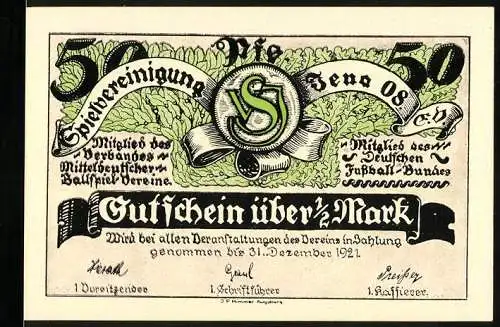 Notgeld Jena 1921, 50 Pfennig, Spielvereinigung Jena 08 e.V., Vereinswappen, Diskus-Werfer
