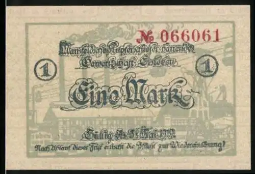 Notgeld Eisleben, 1 Mark, Mansfelder Kupferfabrikation Gewerkschaft Eisleben, Seriennummer 066061