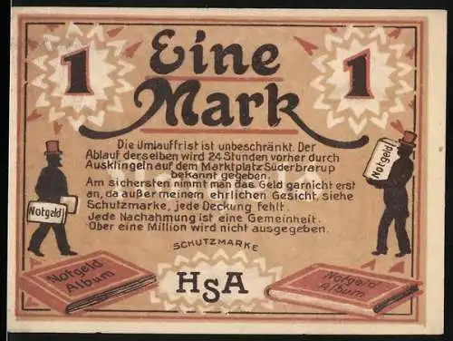 Notgeld Süderbrarup 1920, 1 Mark, Notgeld-Palast Heinrich Appel, Einlösung in Gold und Silber