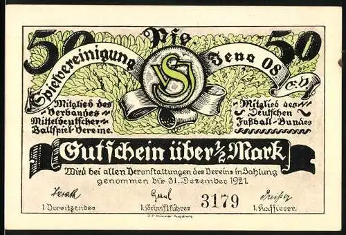 Notgeld Jena 1921, 50 Pfennig, Spielvereinigung Jena 08 e.V., Fussballspieler und Vereinsemblem