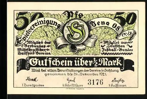Notgeld Jena 1921, 50 Pfennig, Spielvereinigung Jena 08 e.V., Vereinswappen, Grosser Leuchtenburg Wanderpreis