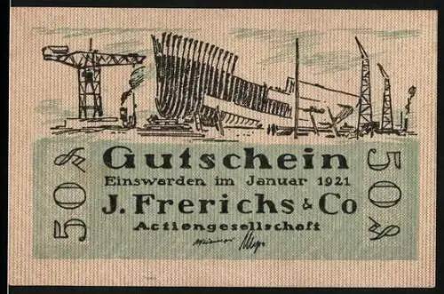 Notgeld Einswarden 1921, 50 Pfennig, Gutschein J. Frerichs & Co, Werft AG Schiffbau