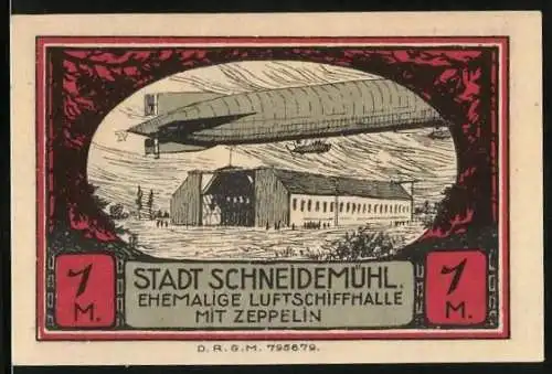 Notgeld Schneidemühl, 1 Mark, Luftschiff Zeppelin & Luftschiffhalle, Wappen
