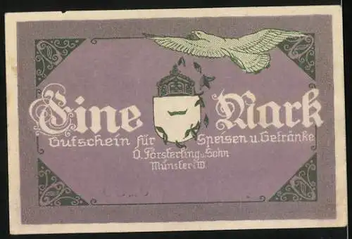 Notgeld Münster, 1 Mark, Hotel und Kaffee Kaiserhof Gutschein Nr. 0185, Eine Mark Gutschein für Speisen und Getränke