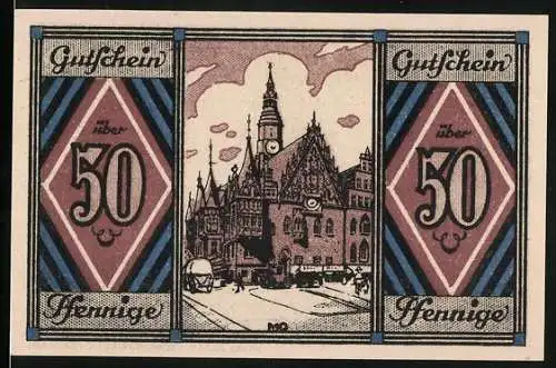Notgeld Breslau 1921, 50 Pfennig, Lutherfestspiele mit Stadtansicht und Martin Luther Porträt