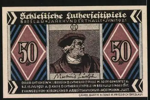 Notgeld Breslau 1921, 50 Pfennig, Lutherfestspiele mit Stadtansicht und Martin Luther Porträt