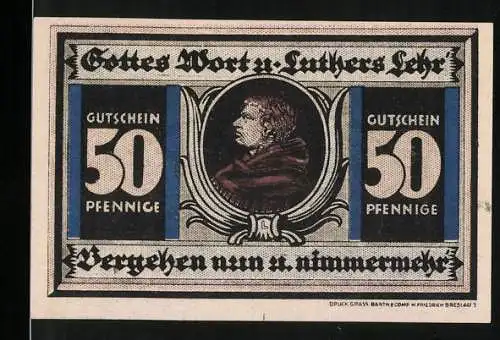 Notgeld Breslau 1921, 50 Pfennig, Schlesische Luther-Festspiele, Portrait Martin Luther