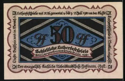 Notgeld Breslau 1921, 50 Pfennig, Schlesische Luther-Festspiele, Portrait Martin Luther