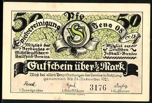 Notgeld Jena 1921, 50 Pfennig, Spielvereinigung Jena 08 e.V., 2. Wanderpreis mit Pokalmotiv