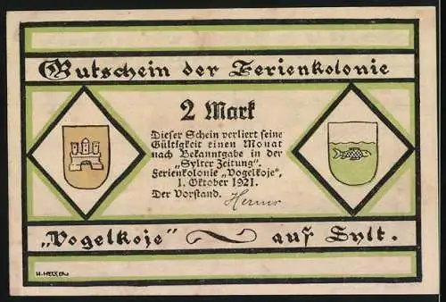 Notgeld Kampen / Sylt 1921, 2 Mark, Gutschein der Ferienkolonie Vogelkoje mit spielenden Kindern