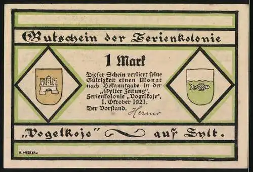 Notgeld Kampen / Sylt 1921, 1 Mark, Gutschein der Ferienkolonie Vogelkoje mit spielenden Kindern