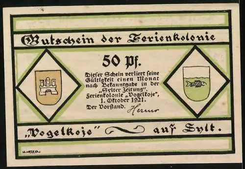 Notgeld Kampen / Sylt 1921, 50 Pfennig, Gutschein der Ferienkolonie Vogelkoje mit Badegästen an der Küste