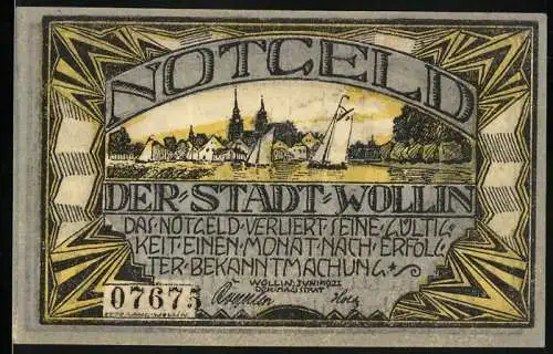 Notgeld Wollin 1921, 50 Pfennig, Ortsansicht, Segelschiffe Tuckerflotte im Hafen
