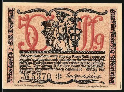 Notgeld Grossbreitenbach 1922, 50 Pfennig, Kind und Frau mit Korb und Nahrung, Design von Paul Neu