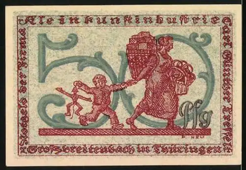 Notgeld Grossbreitenbach 1922, 50 Pfennig, Kind und Frau mit Korb und Nahrung, Design von Paul Neu