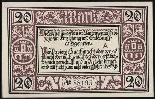 Notgeld Freiburg 1918, 20 Mark, Stadtgemeinde Freiburg, November 1918, Seriennummer 88195, Stempel Ungültig